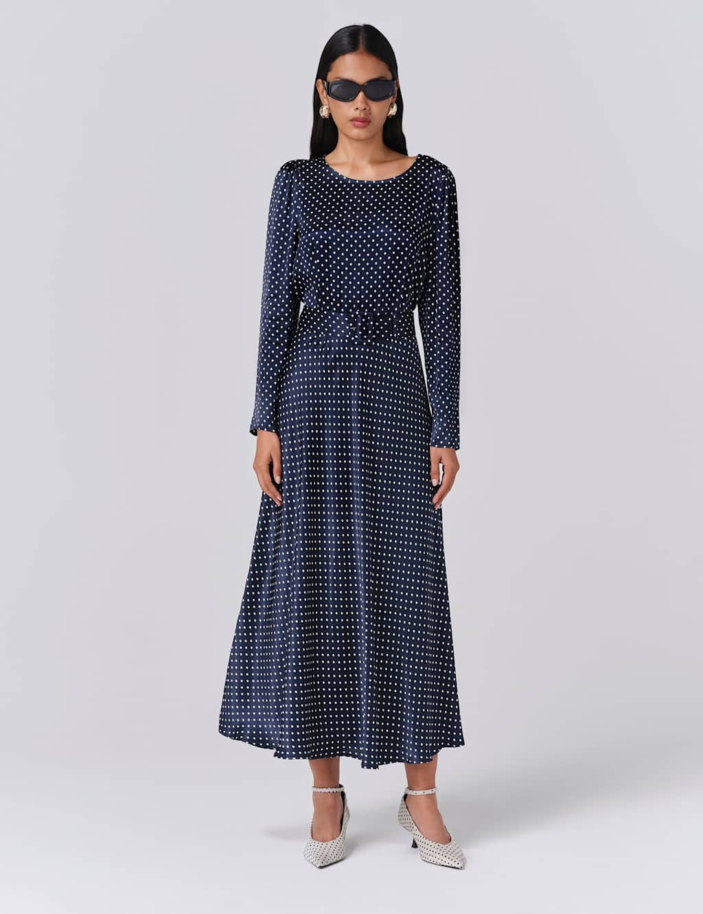 Ghost Satin Polka Dot Belted Midi Waisted Dress Navy Mix