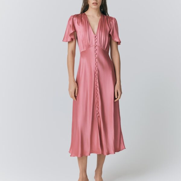 Ghost Satin V-Neck Angel Sleeve Midi Tea Dress Pink
