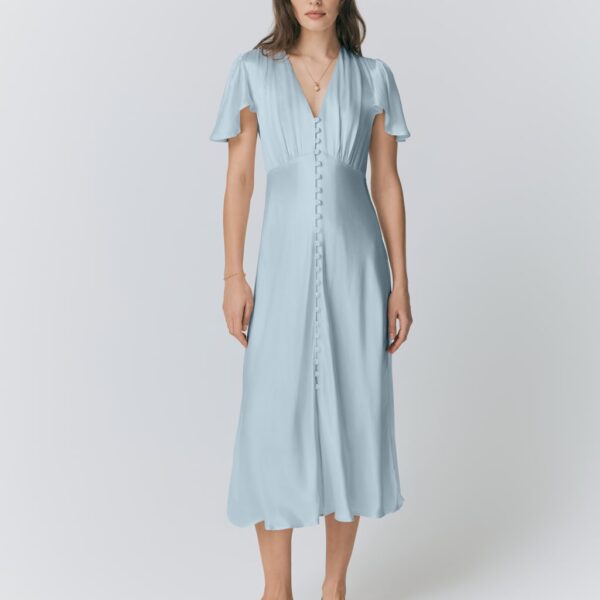 Ghost Satin V-Neck Angel Sleeve Midi Tea Dress Light Blue