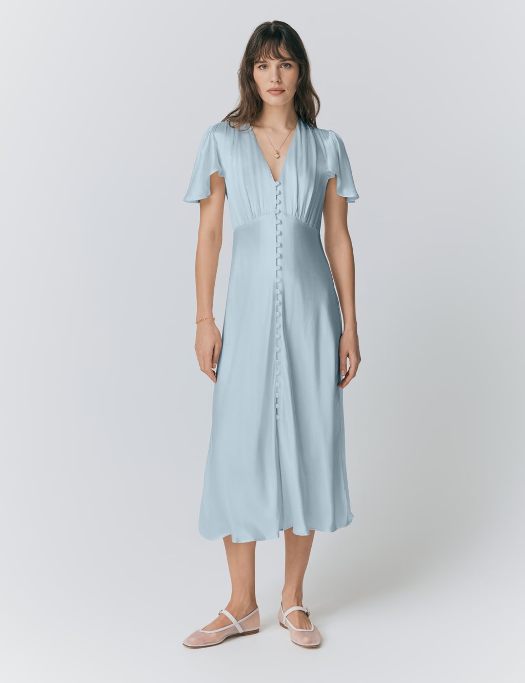 Ghost Satin V-Neck Angel Sleeve Midi Tea Dress Light Blue