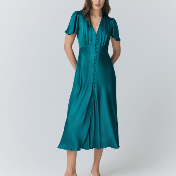 Ghost Satin V-Neck Angel Sleeve Midi Tea Dress Green