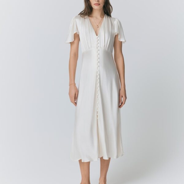Ghost Satin V-Neck Angel Sleeve Midi Tea Dress Ivory
