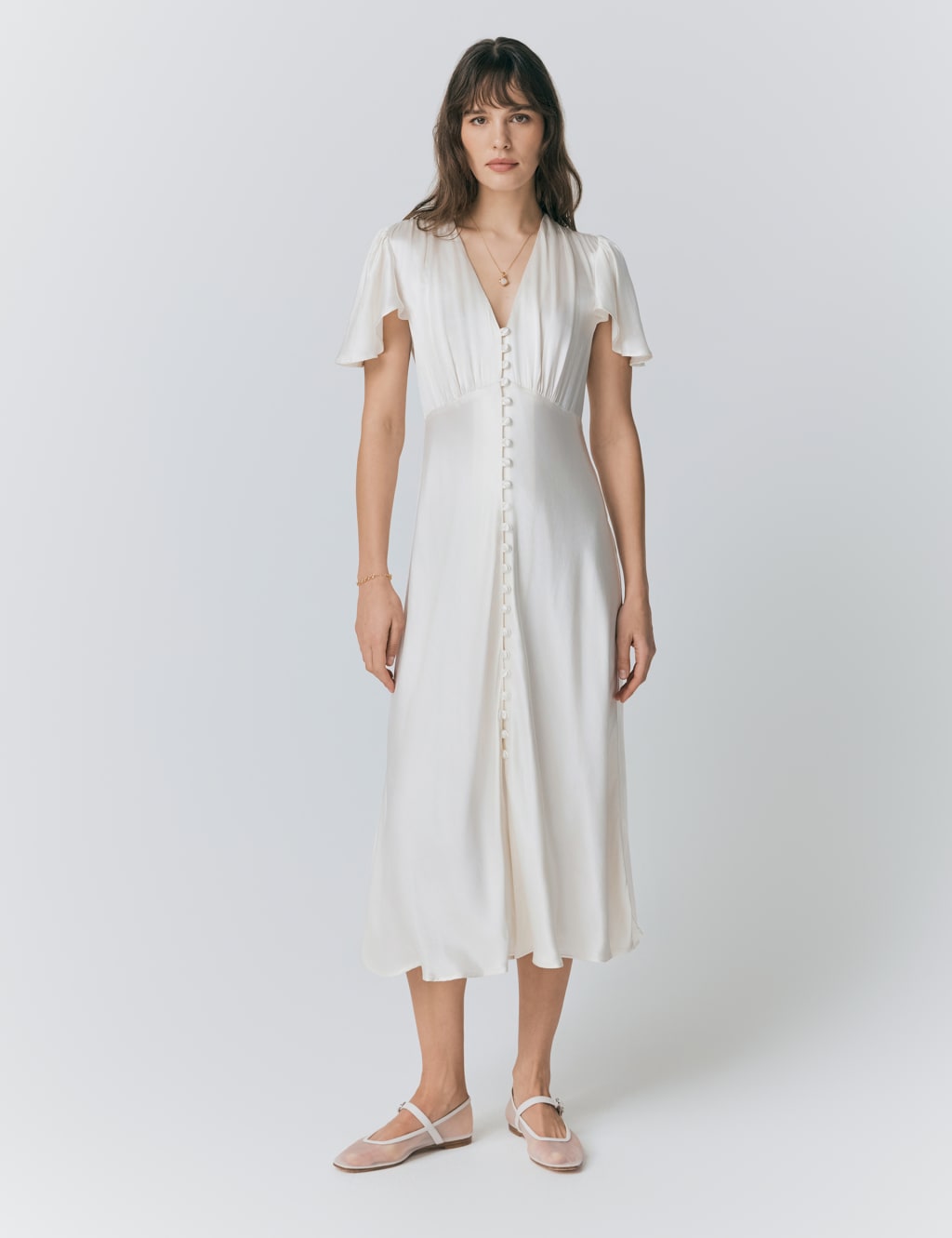 Ghost Satin V-Neck Angel Sleeve Midi Tea Dress Ivory