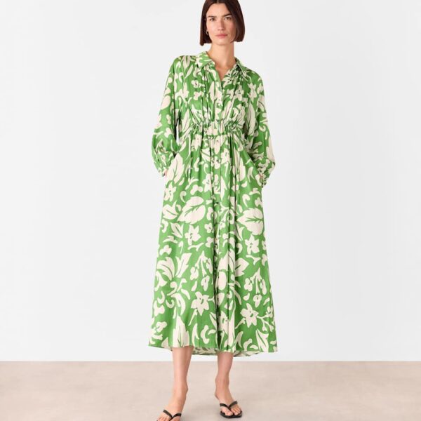 Whistles Floral V-Neck Button Through Midi Shirt Dress Green Mix
