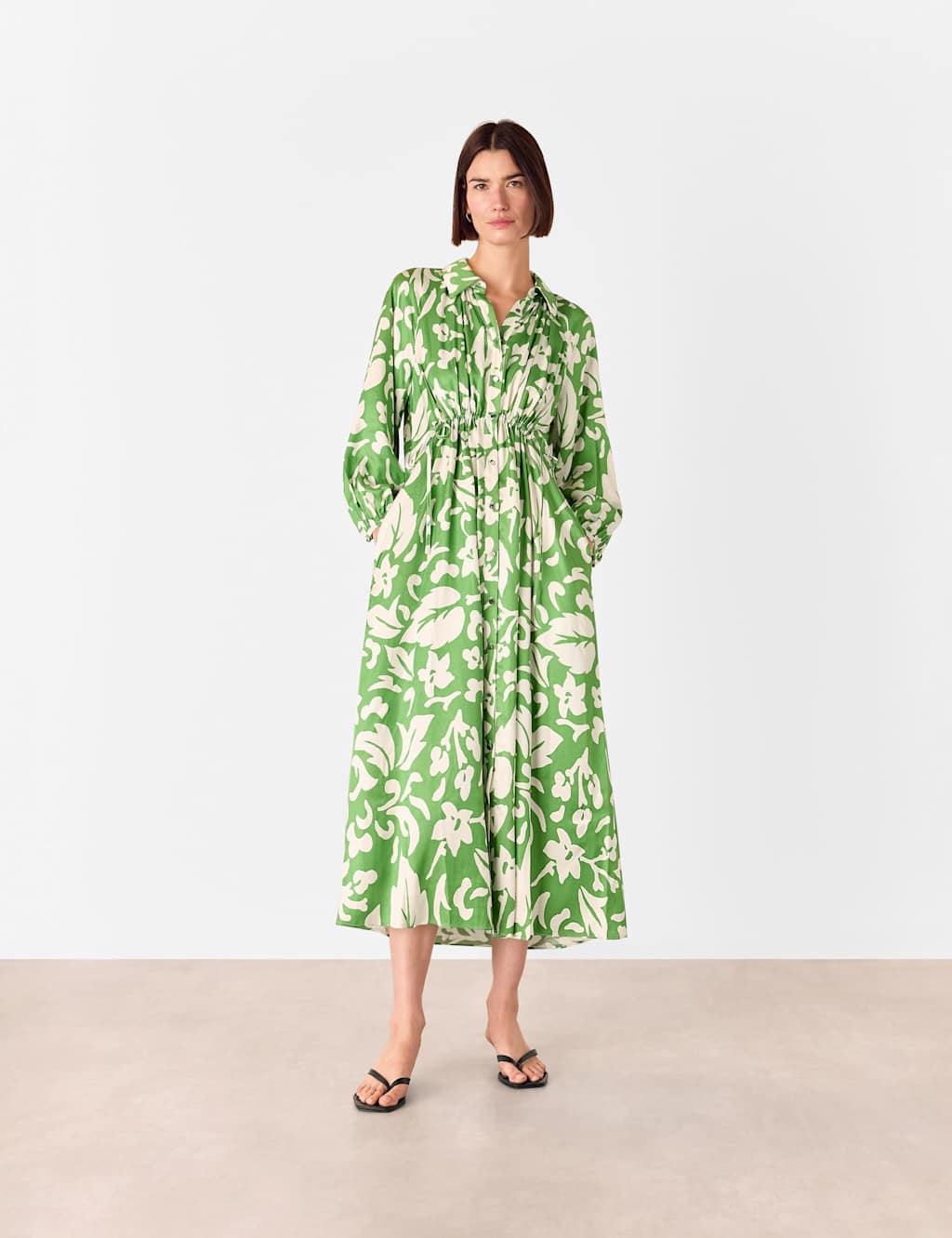 Whistles Floral V-Neck Button Through Midi Shirt Dress Green Mix