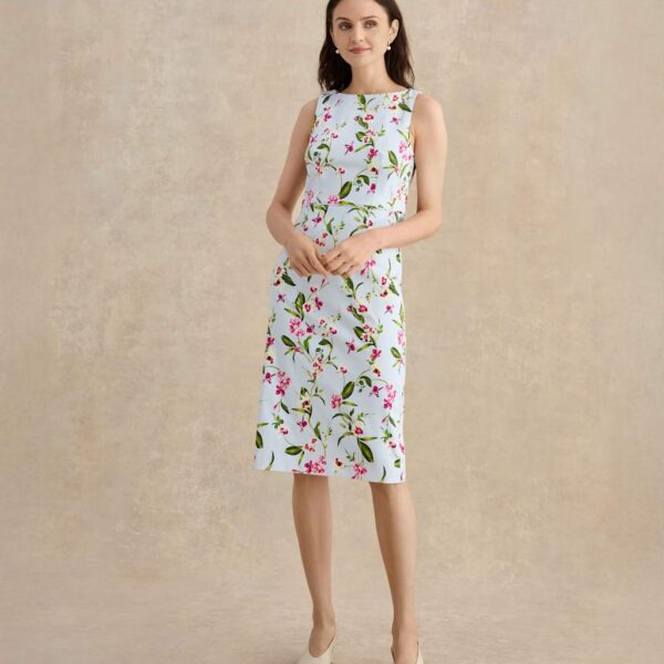 HOBBS Cotton Rich Floral Knee Length Shift Dress Blue Mix