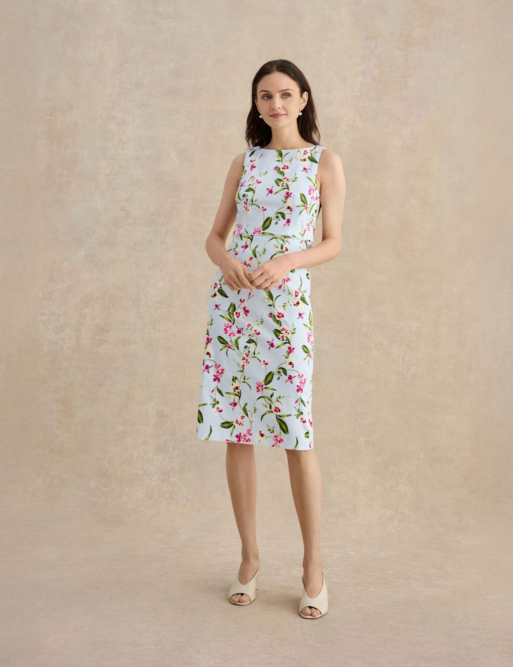 HOBBS Cotton Rich Floral Knee Length Shift Dress Blue Mix