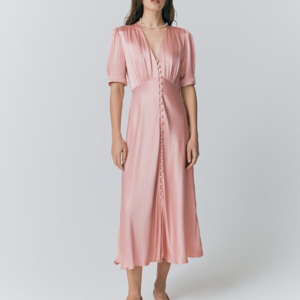 Ghost Satin V-Neck Button Through Midaxi Tea Dress Light Pink