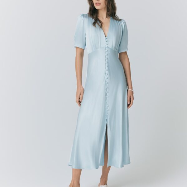 Ghost Satin V-Neck Button Through Midaxi Tea Dress Light Blue