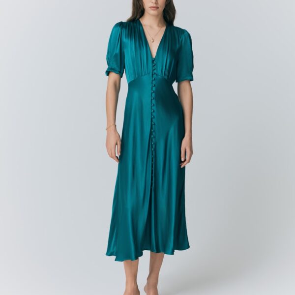 Ghost Satin V-Neck Button Through Midaxi Tea Dress Green