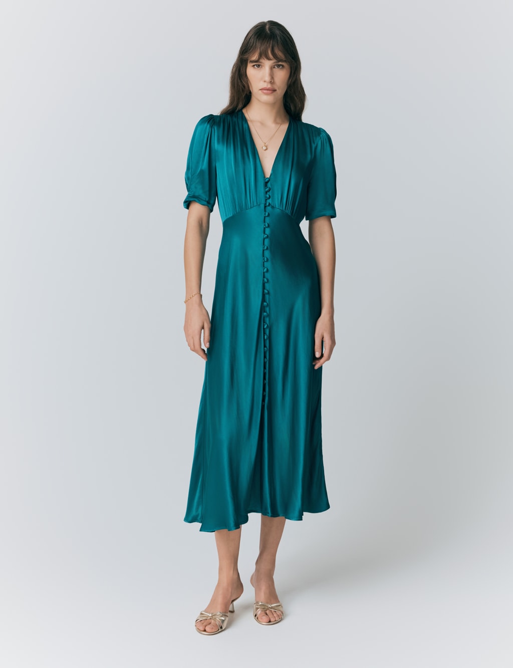 Ghost Satin V-Neck Button Through Midaxi Tea Dress Green