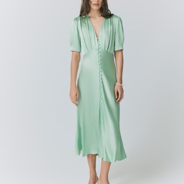 Ghost Satin V-Neck Button Through Midaxi Tea Dress Light Green