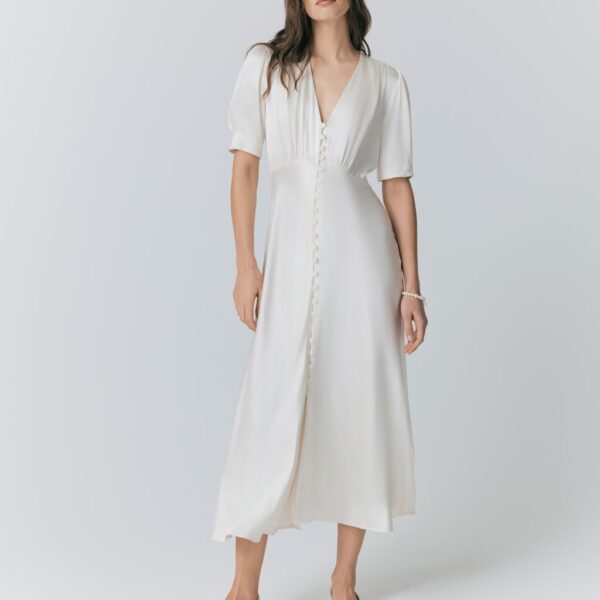 Ghost Satin V-Neck Button Through Midaxi Tea Dress Ivory