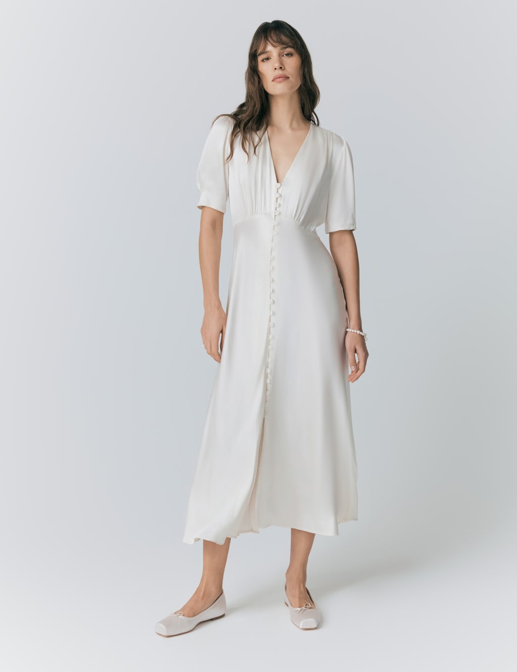 Ghost Satin V-Neck Button Through Midaxi Tea Dress Ivory