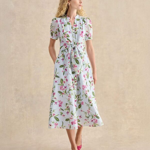 HOBBS Floral V-Neck Midi Waisted Dress with Linen Blue Mix