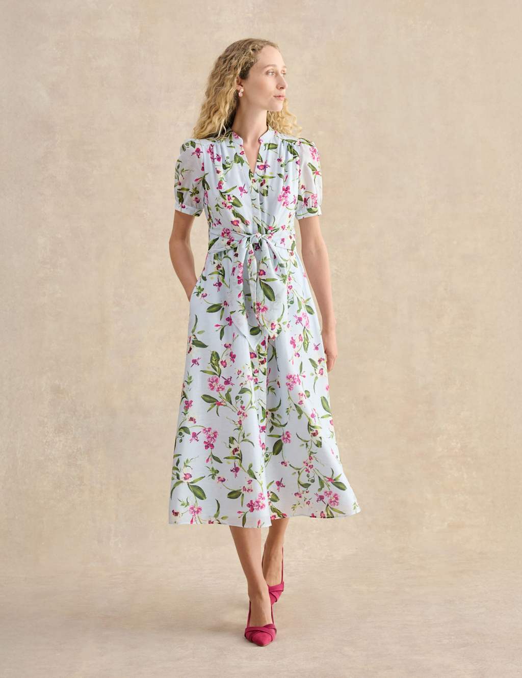 HOBBS Floral V-Neck Midi Waisted Dress with Linen Blue Mix