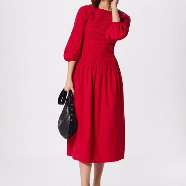 Whistles Round Neck Midi Shirred Dress with Cotton Red