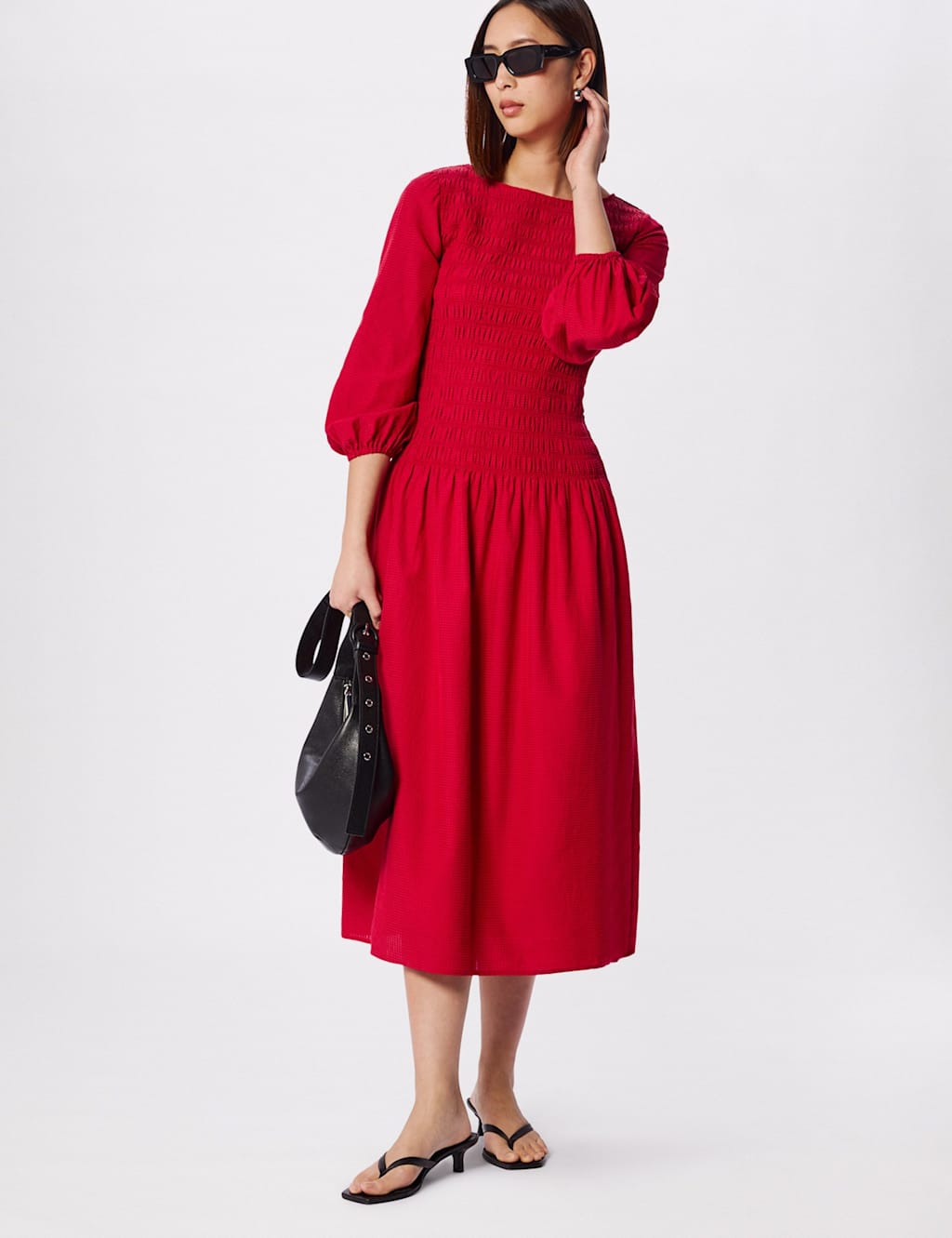 Whistles Round Neck Midi Shirred Dress with Cotton Red