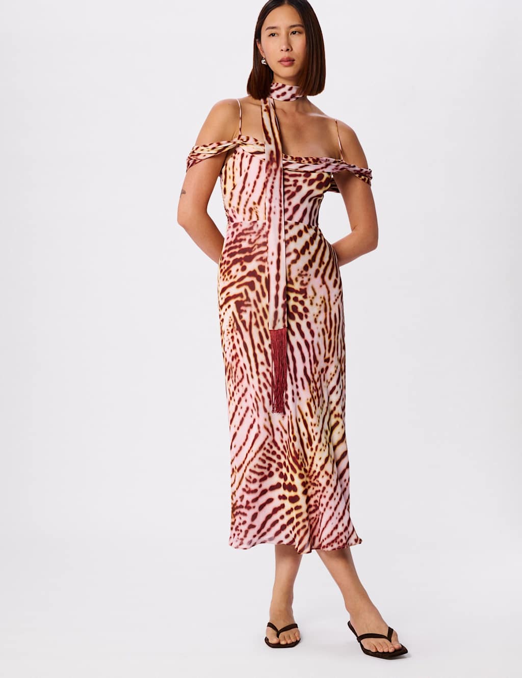 Whistles Orchid Print Scarf Detail Midi Dress Pink Mix