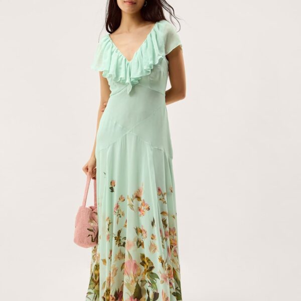 Monsoon Floral V-Neck Ruffle Maxi Skater Dress Sage Mix