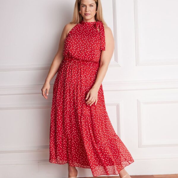 Live Unlimited London Polka Dot Halter Neck Maxi Waisted Dress Red