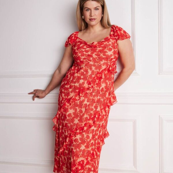 Live Unlimited London Chiffon Floral Ruffle Sleeve Maxi Dress Red Mix