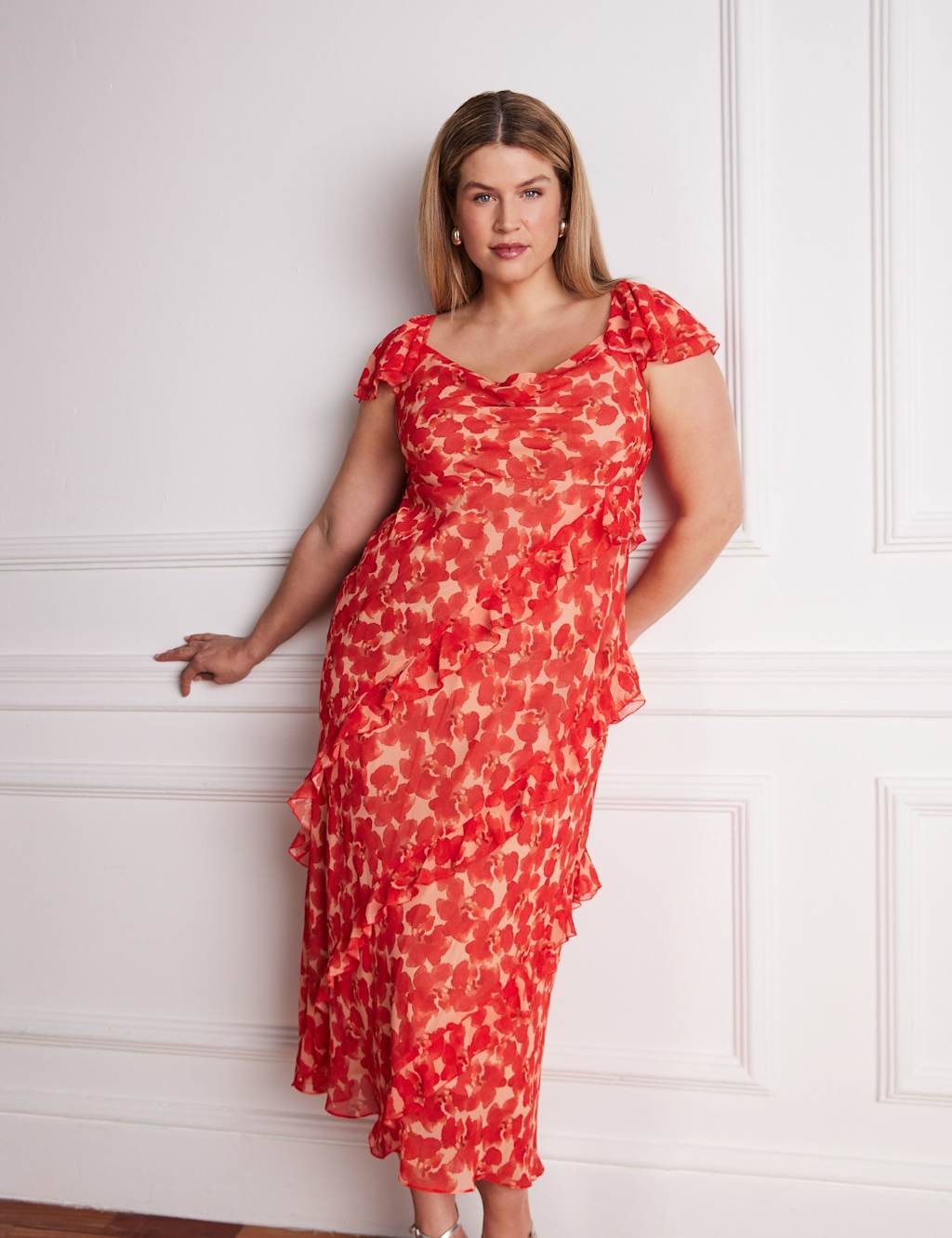 Live Unlimited London Chiffon Floral Ruffle Sleeve Maxi Dress Red Mix