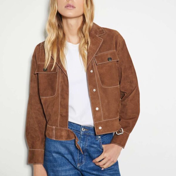 Monsoon Suede Collared Belted Jacket Tan
