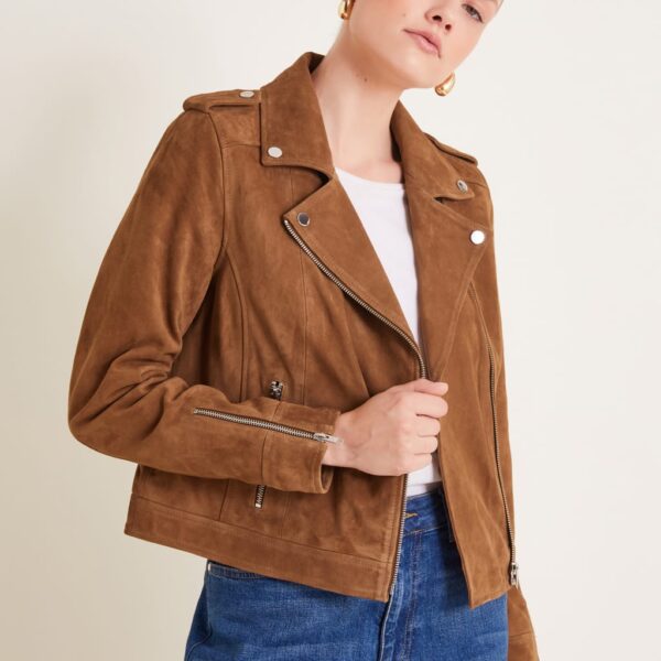 Monsoon Suede Collared Biker Jacket Tan