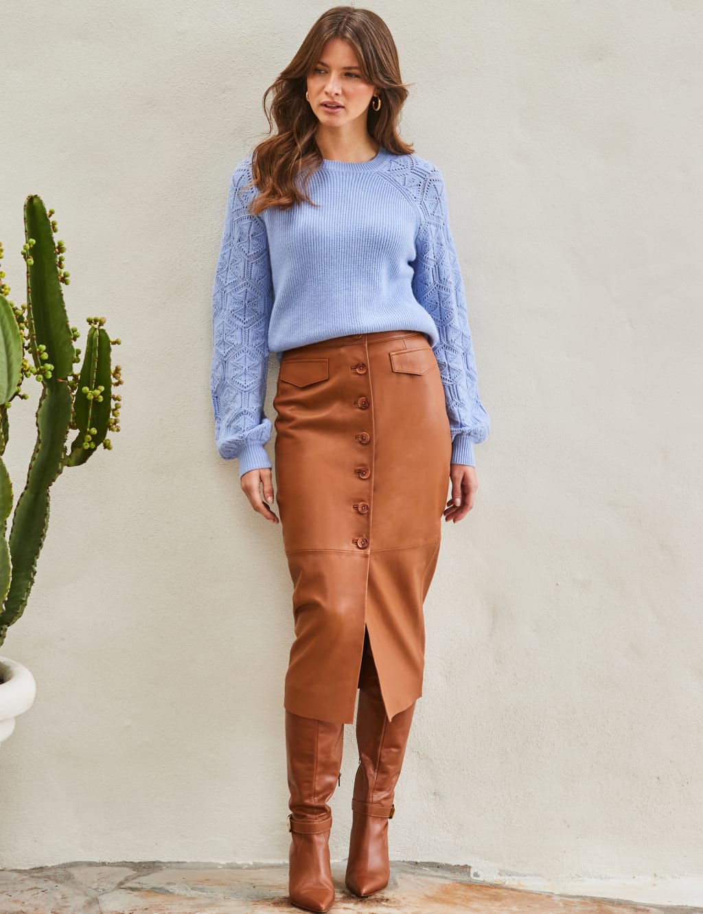 SOSANDAR Leather Button Front Midi Pencil Skirt Tan
