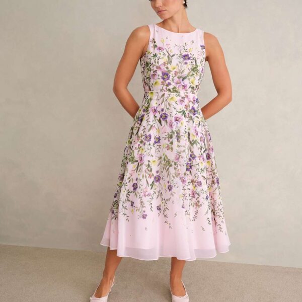 HOBBS Floral Round Neck Knee Length Skater Dress Pink Mix