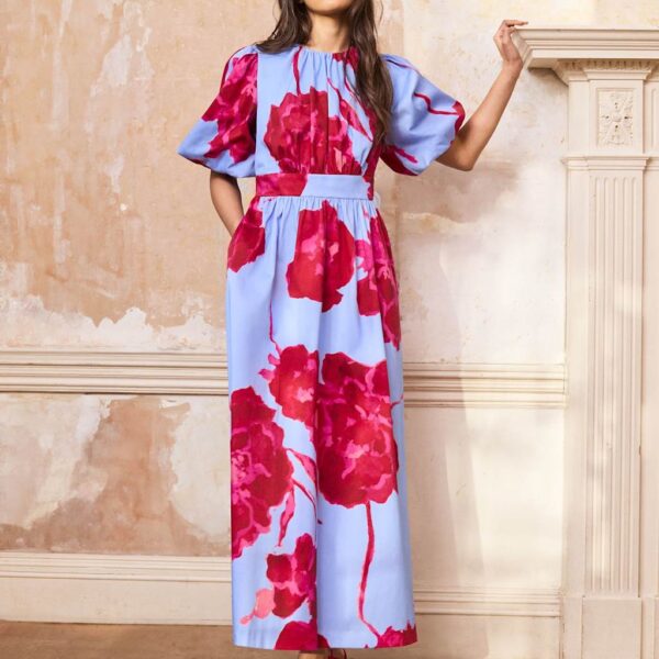 RO&ZO Cotton Rich Floral Midaxi Waisted Dress Light Blue Mix