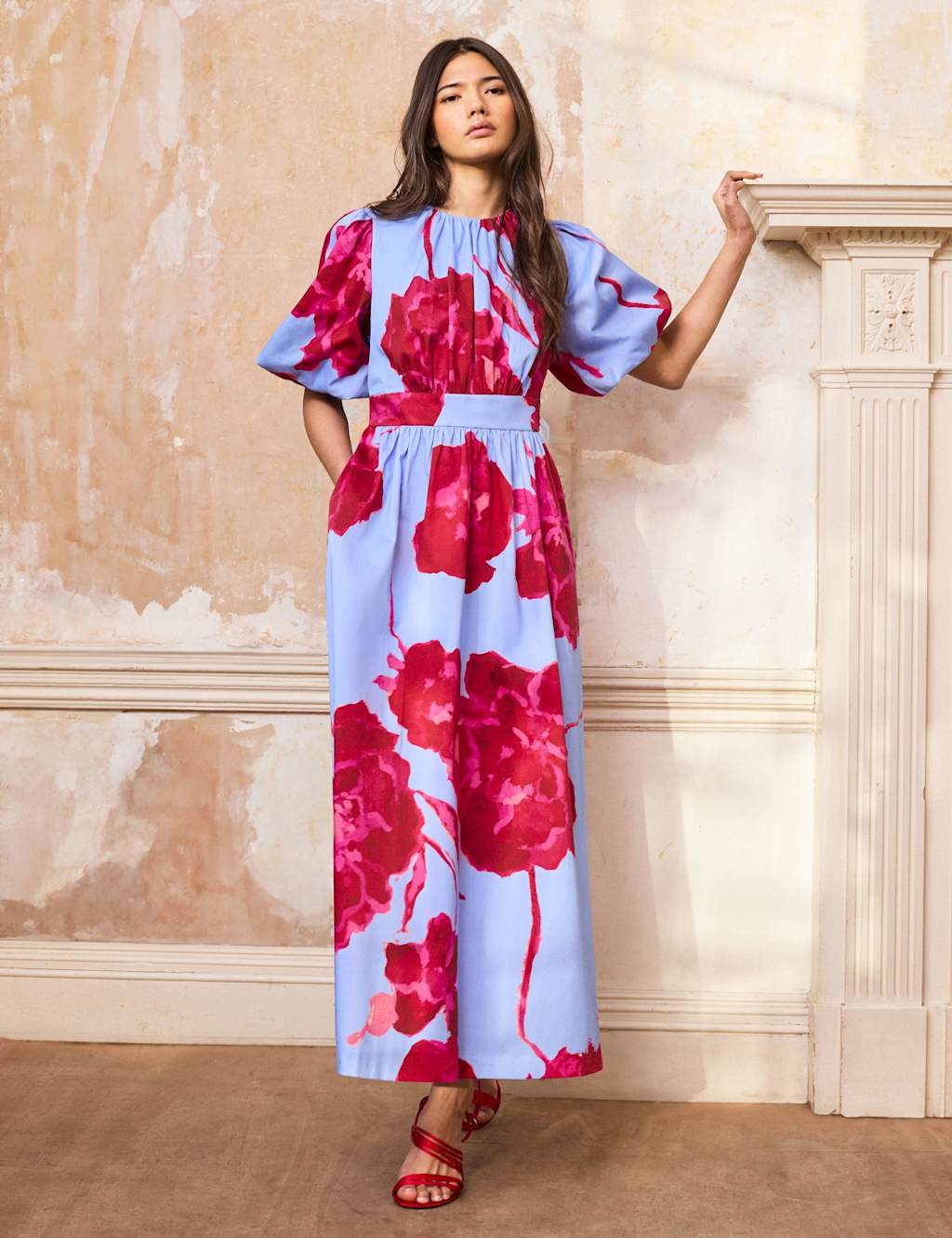 RO&ZO Cotton Rich Floral Midaxi Waisted Dress Light Blue Mix