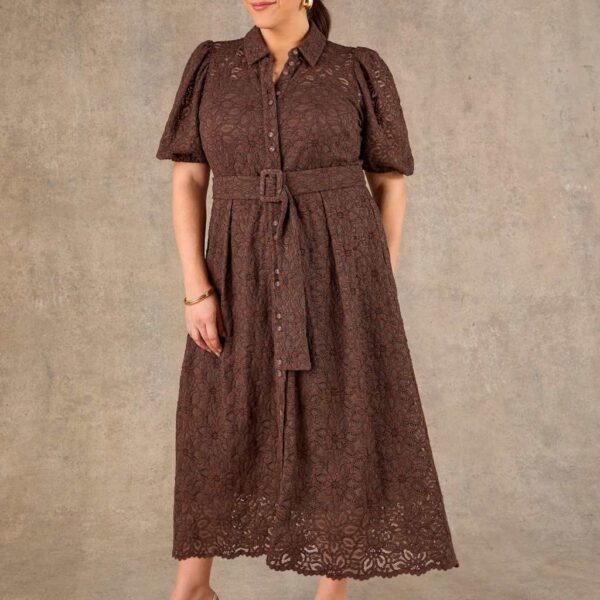 Live Unlimited London Cotton Blend Lace Midi Shirt Dress Brown