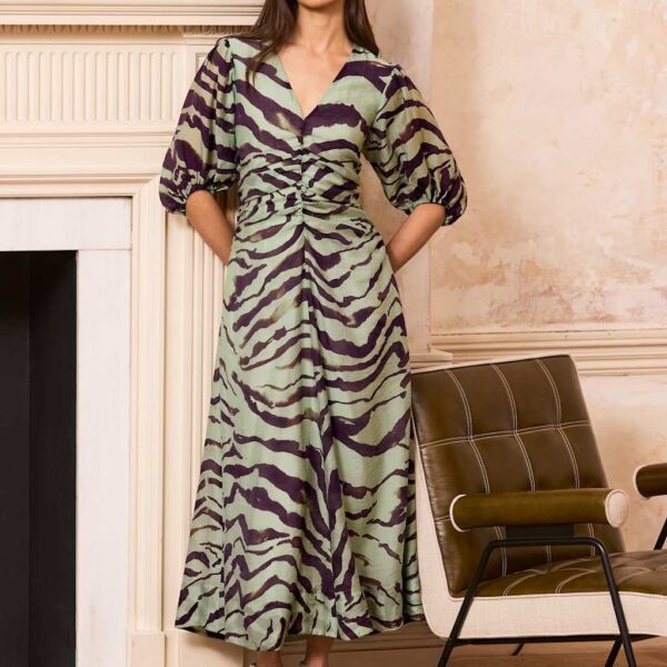 RO&ZO Lyocell Rich Animal Print Midaxi Waisted Dress Green Mix