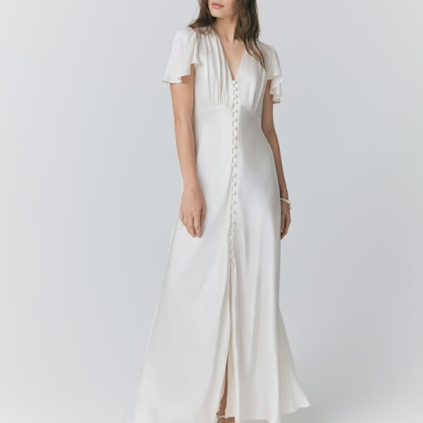 Ghost Satin Button Front Maxi Waisted Dress Ivory
