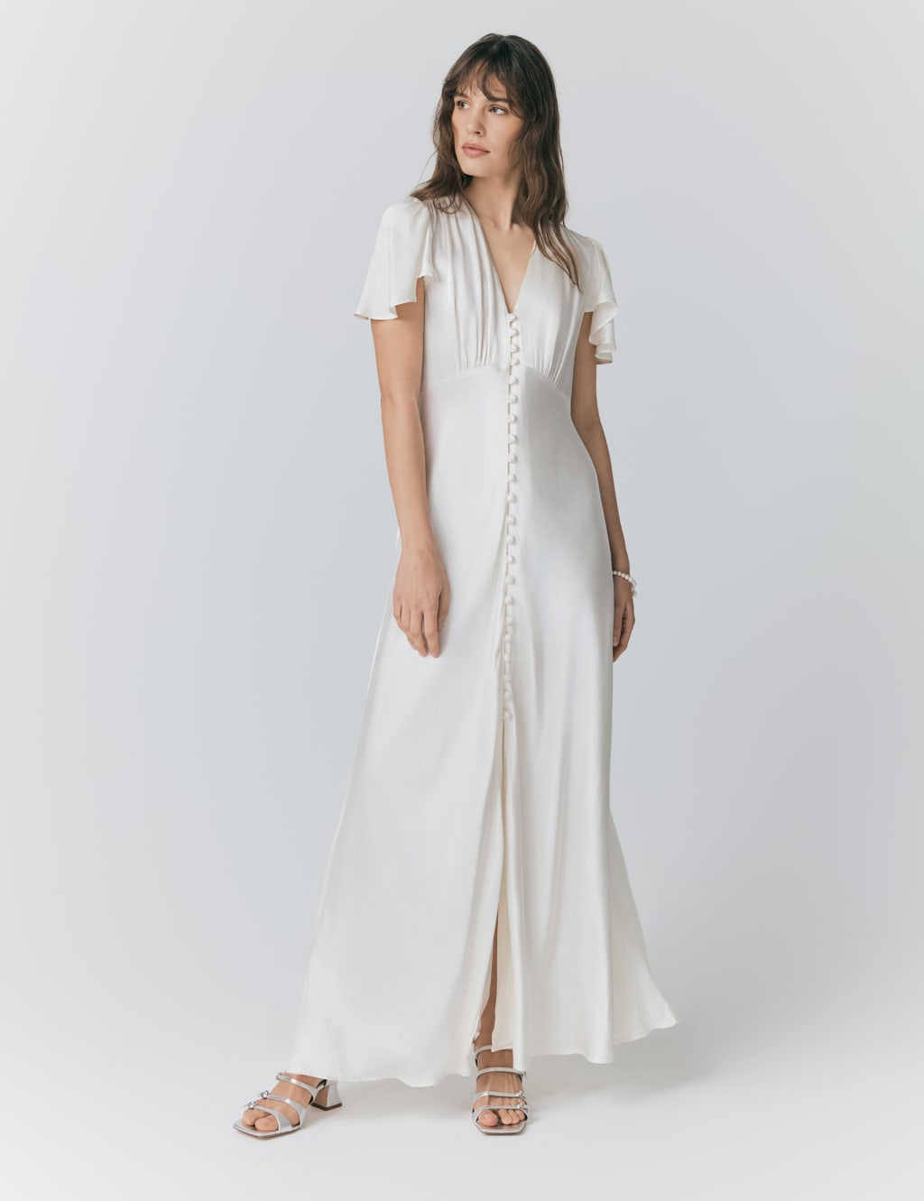 Ghost Satin Button Front Maxi Waisted Dress Ivory