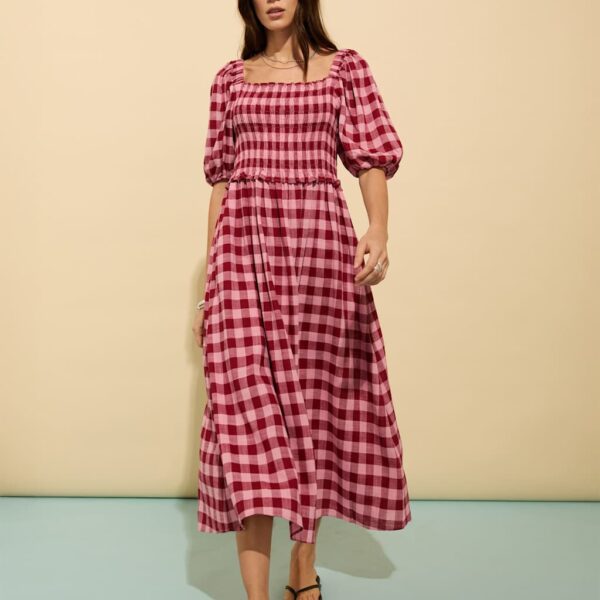 BAUKJEN Checked Square Neck Midi Dress with Linen Pink Mix