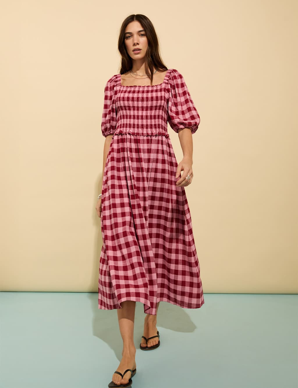BAUKJEN Checked Square Neck Midi Dress with Linen Pink Mix