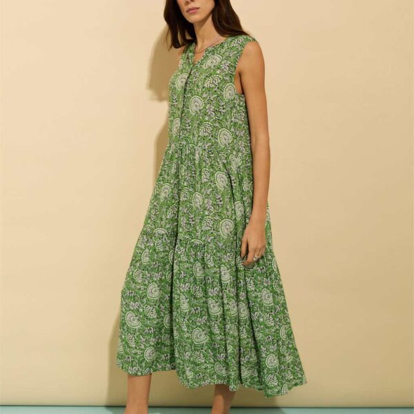 BAUKJEN Floral Notch Neck Midi Skater Dress Green Mix