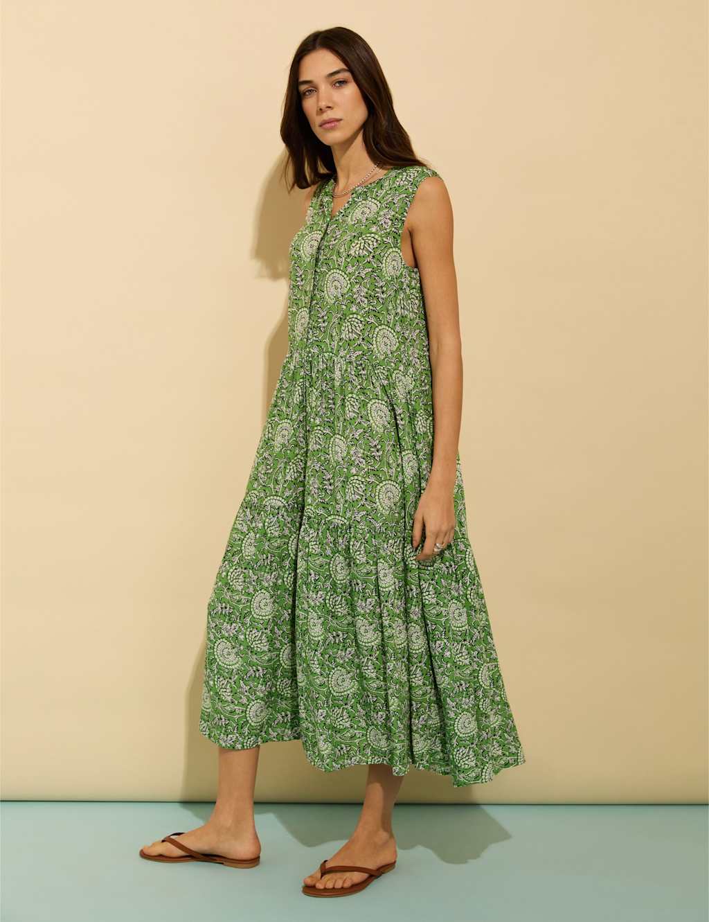 BAUKJEN Floral Notch Neck Midi Skater Dress Green Mix