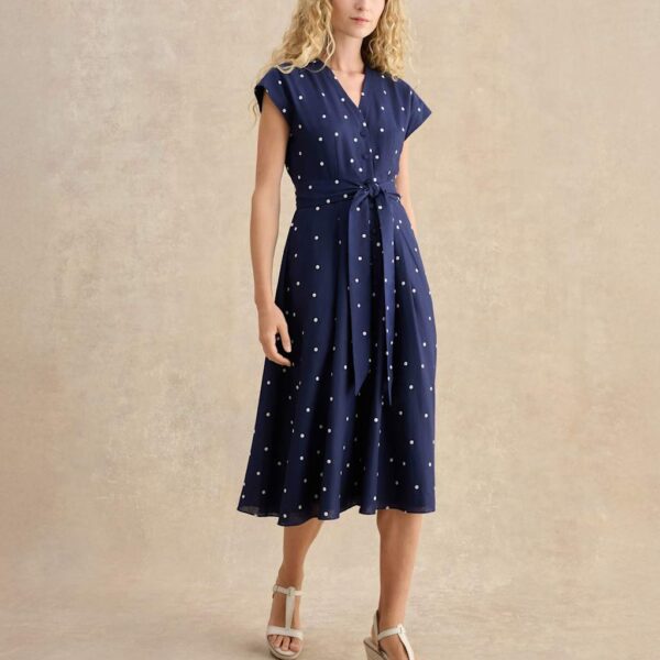 HOBBS Linen Rich Spot Print V-Neck Skater Dress Navy Mix