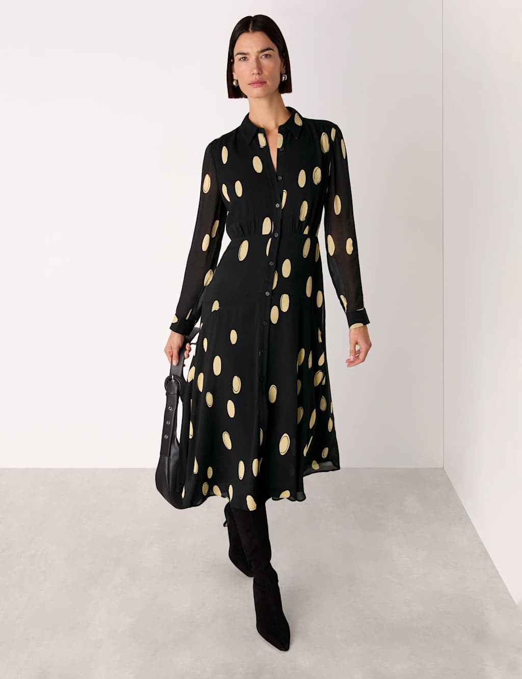 Whistles Abstract Spot Print Midi Shirt Dress Black Mix