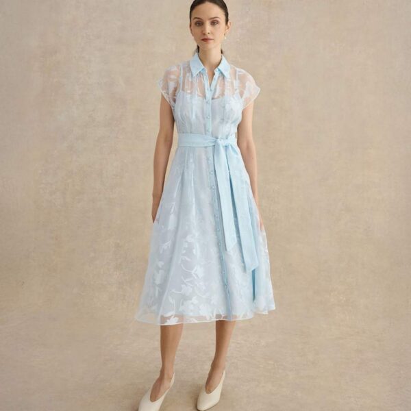 HOBBS Floral Tie Waist Knee Length Skater Dress Blue Mix