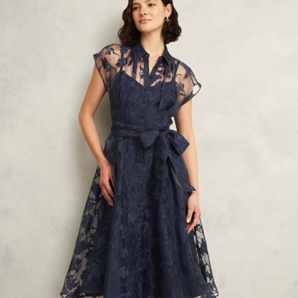 HOBBS Floral Tie Waist Knee Length Skater Dress Dark Navy Mix