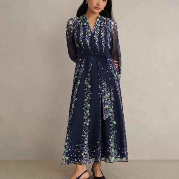 HOBBS Silk Floral V-Neck Maxi Wrap Dress Blue Mix