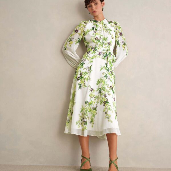 HOBBS Silk Floral Knee Length Shift Dress White Mix