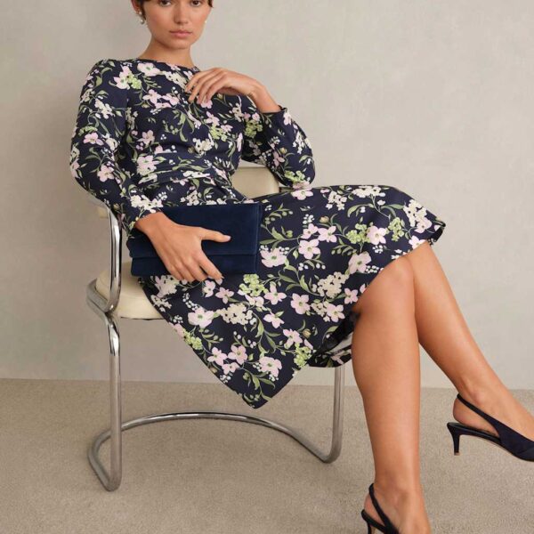 HOBBS Floral Tie Waist Skater Knee Length Dress Blue Mix