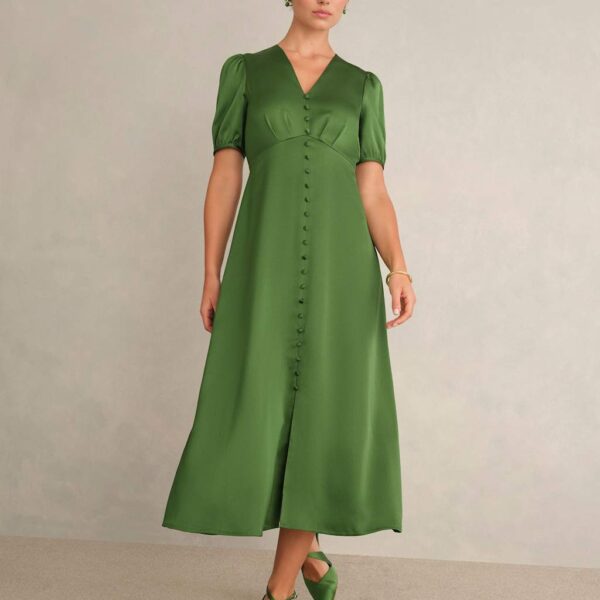 HOBBS Satin V-Neck Midi Skater Dress Green