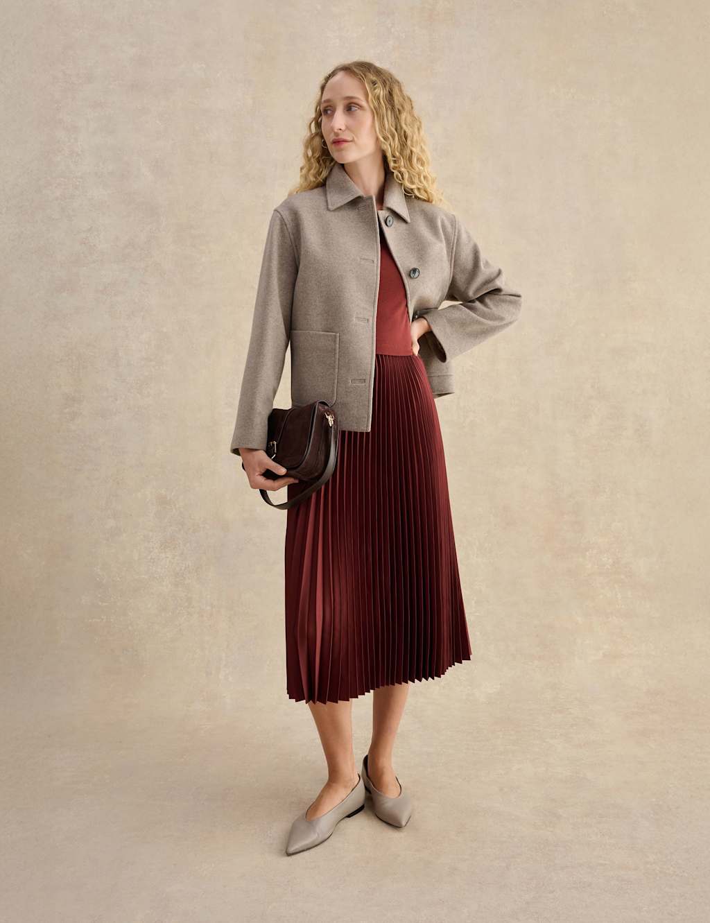 HOBBS Pleated Knee Length Shift Dress Brown
